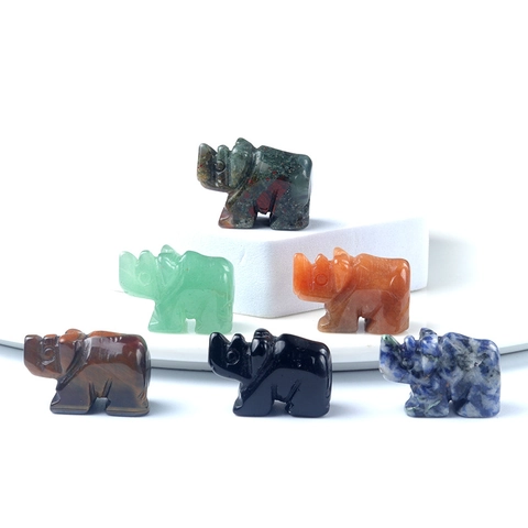 Mini Natural Crystal Agate Stone Carved Rhino Figurine Healing Gemstone Animal Ornament For Home Office Desk Decoration Gift