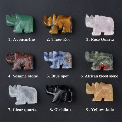 Mini Natural Crystal Agate Stone Carved Rhino Figurine Healing Gemstone Animal Ornament For Home Office Desk Decoration Gift