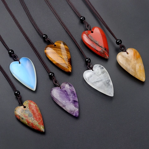 Collier Pendentif Cœur en Pierre Naturelle Agate de Cristal Polie Améthyste Quartz Rose Bijoux Cristal de Guérison avec Cordon Tressé Femmes Hommes