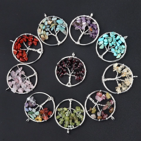 Pendentif Arbre de Vie Enveloppé de Fil Pierre Naturelle Concassée Chakra Multicolore Cristal de Guérison Pendentif Seul Sans Chaîne Bijoux Femme