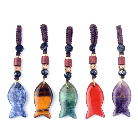 Portachiavi a Forma di Pesce in Pietra Semipreziosa Naturale Ciondolo Fortunato in Corda Intrecciata a Mano Ametista Occhio di Tigre Gioielli per Borsa