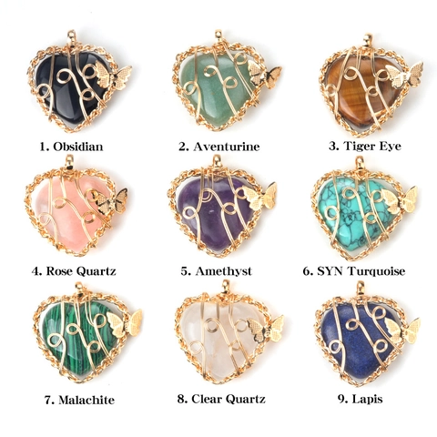 Collier Pendentif Papillon en Cristal Naturel en Forme de Cœur Enveloppé de Fil Bijoux Vintage en Pierre Gemme pour Femmes