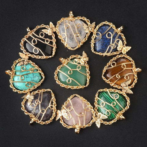 Collier Pendentif Papillon en Cristal Naturel en Forme de Cœur Enveloppé de Fil Bijoux Vintage en Pierre Gemme pour Femmes