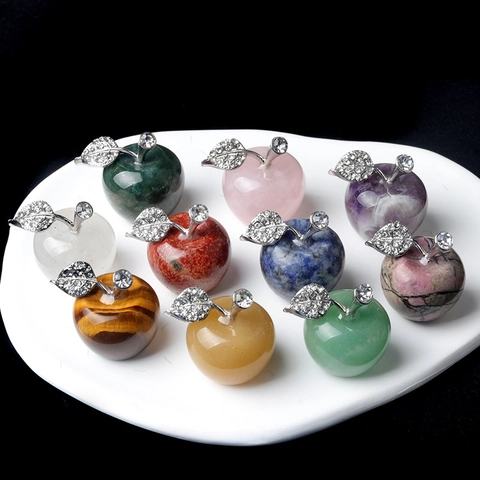 Crystal Agate Stone Apple Ornament Rhinestone Metal Leaf Christmas Eve Decor Desktop Sculpture Car Interior Accessory For Home Office