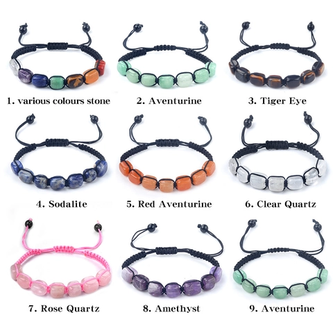 Bracelet Réglable Tissé à la Main en Pierre Naturelle Cristal de Guérison Chakra Quartz Rose Améthyste Œil de Tigre Bijoux Yoga Unisexe