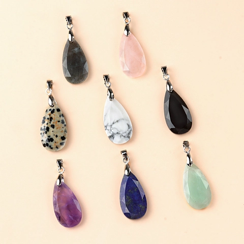 Natürliche Facettierte Tränenform Stein Anhänger Halskette Vintage Halbedelstein Kristall Amethyst Rosenquarz Boho Damen Schmuck