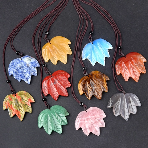 Maple Leaf Natural Stone Crystal Agate Pendant Necklace Carved Tree Leaf Healing Quartz Tiger Eye Pendant With Braided Cord Jewelry Gift For Women Men