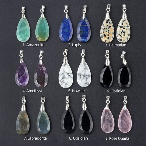 Natürliche Facettierte Tränenform Stein Anhänger Halskette Vintage Halbedelstein Kristall Amethyst Rosenquarz Boho Damen Schmuck