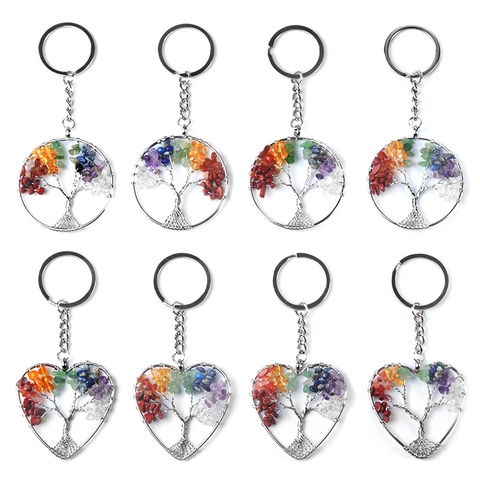 Handmade Colorful Semi-Precious Stone Tree Of Life Keychain Wire Wrapped Natural Crystal Chips Chakra Yoga Bag Pendant Key Ring For Women Men