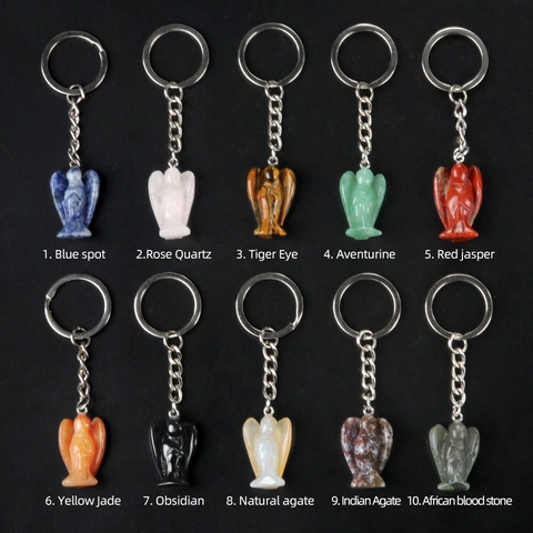 Carved Little Angel Healing Crystal Agate Stone Keychain Pendant Guardian Angel Keyring Women Retro Protective Jewelry Gift