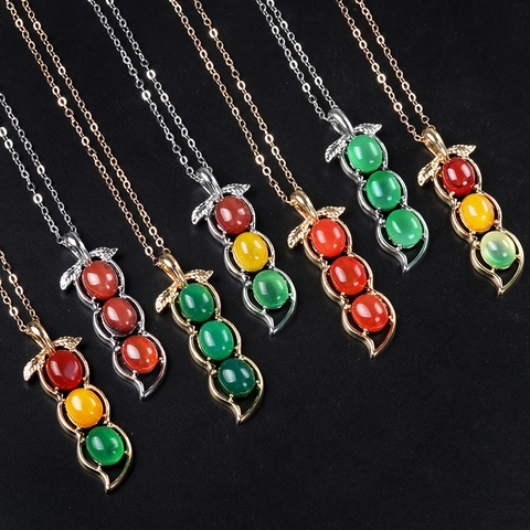 Natural Agate Bean Pod Pendant For Women Men Alloy Gold Silver Plated Four Seasons Bean Charms Auspicious Jewelry Gift
