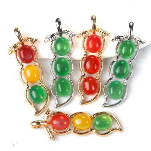 Natural Agate Bean Pod Pendant For Women Men Alloy Gold Silver Plated Four Seasons Bean Charms Auspicious Jewelry Gift