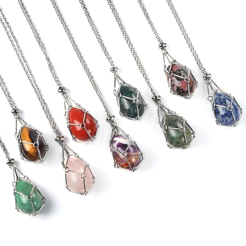 Natural Stone Agate Crystal Easter Egg Pendant Necklace Stainless Steel Mesh Cage Chain Healing Jewelry For Women Men