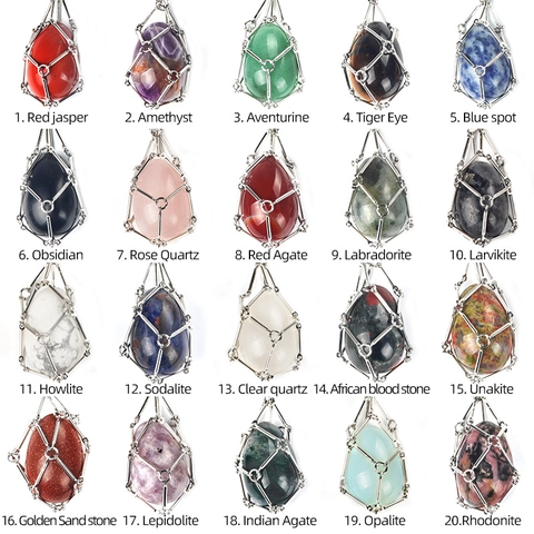 Natural Stone Agate Crystal Easter Egg Pendant Necklace Stainless Steel Mesh Cage Chain Healing Jewelry For Women Men