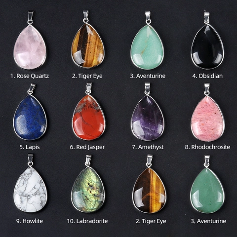 Natural Semi-Precious Stone Water Drop Pendant Necklace Silver Plated Copper Edged Healing Crystal Teardrop Jewelry For Women