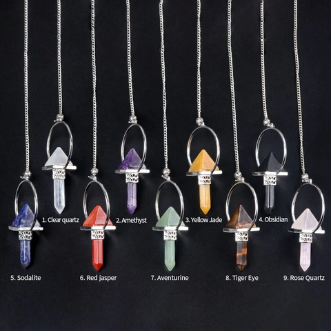 Natural Semiprecious Stone Hexagonal Column Dowsing Pendulum Pyramid Point Energy Amplifier Alloy Frame Jewelry Pendant