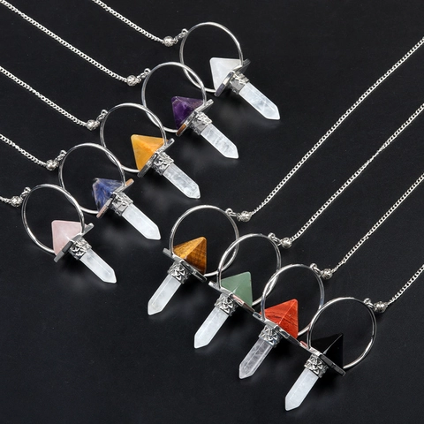 Natural Semi Precious Stone Hexagonal Column Dowsing Pendulum Necklace Alloy Crystal Point Pendant For Yoga Meditation
