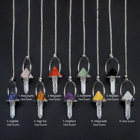 Natural Semi Precious Stone Hexagonal Column Dowsing Pendulum Necklace Alloy Crystal Point Pendant For Yoga Meditation