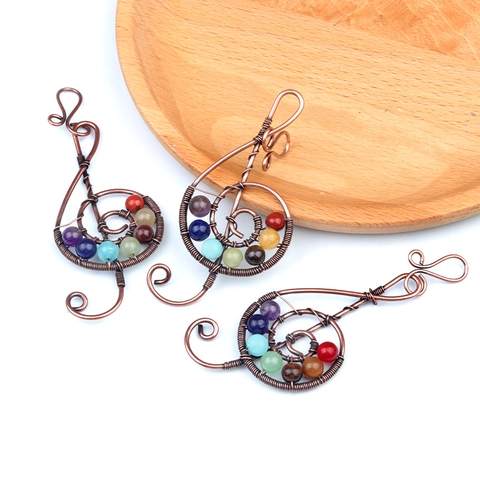 Vintage Bronze Wire Wrapped Treble Clef Pendant With Seven Chakra Natural Stones Musical Note Healing Crystal Jewelry For Women