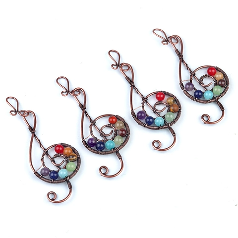 Vintage Bronze Wire Wrapped Treble Clef Pendant With Seven Chakra Natural Stones Musical Note Healing Crystal Jewelry For Women