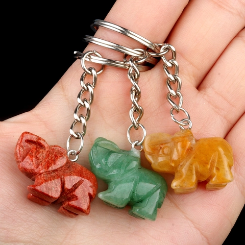 Natural Stone Elephant Keychain Carved Gemstone Animal Pendant Polished Healing Crystal Quartz Bag Charm Gift