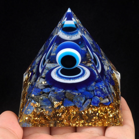 Lapislazuli Orgon Pyramide Mit Böser Blick Symbol Goldfolie Harz Heilung Kristall Energie Generator Haus Büro Dekor Ornament