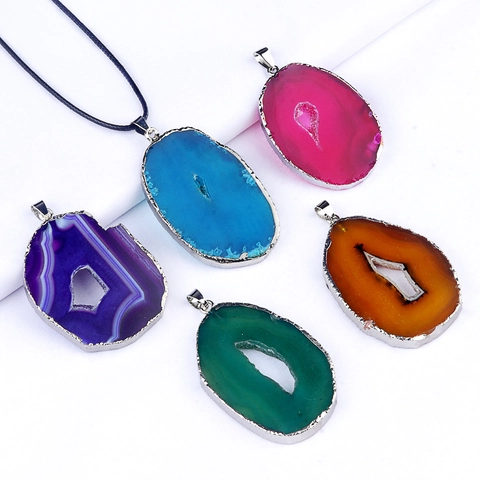 Large Natural Agate Slice Pendant For Jewelry Making Irregular Geode Stone Polished Alloy Edged Pendant For DIY Necklace