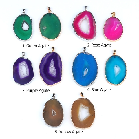Large Natural Agate Slice Pendant For Jewelry Making Irregular Geode Stone Polished Alloy Edged Pendant For DIY Necklace