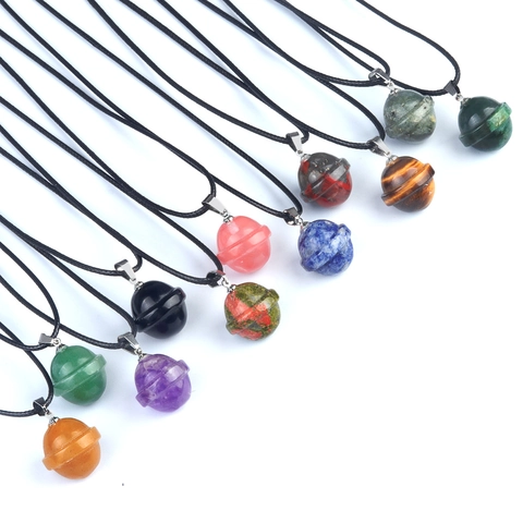 Natural Crystal Agate Stone Planet Pendant Necklace Galaxy Saturn Shaped 3D Universe Jewelry Amethyst Tiger Eye Pendant