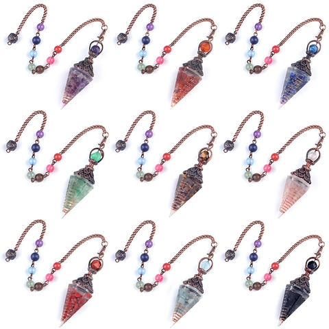 Natural Semi Precious Stone Resin Hexagonal Pyramid Dowsing Pendulum Pendant Healing Chakra Bead Bronze Chain Spiritual Jewelry