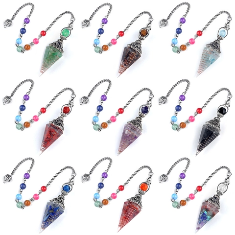 Natural Stone Hexagonal Cone Resin Pendulum Pendant Antique Silver Filigree Seven Chakra Beads Chain Mystical Dowsing Ornament Jewelry