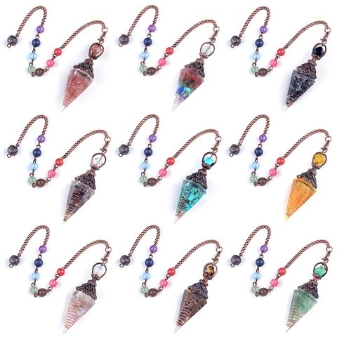 Natural Semi Precious Stone Resin Hexagonal Pyramid Dowsing Pendulum Pendant Healing Chakra Bead Bronze Chain Spiritual Jewelry