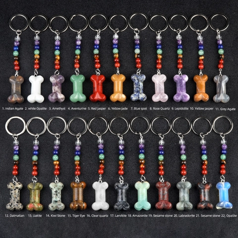 Natural Stone Chakra Beads Keychain Healing Crystal Dog Bone Pendant Hanging Ornament For Bag Key Decoration Accessory