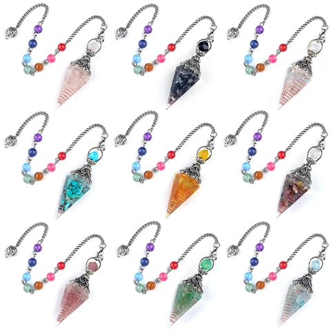 Natural Stone Hexagonal Cone Resin Pendulum Pendant Antique Silver Filigree Seven Chakra Beads Chain Mystical Dowsing Ornament Jewelry