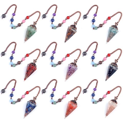 Natural Crystal Stone Resin Hexagonal Cone Pendant Necklace With Chakra Seven Color Beads Healing Spiritual Pendulum Jewelry