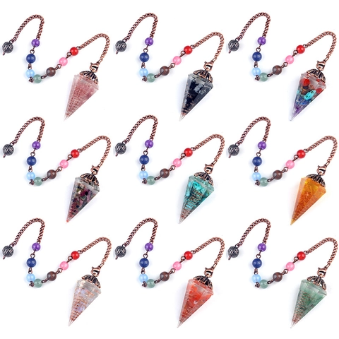 Natural Crystal Stone Resin Hexagonal Cone Pendant Necklace With Chakra Seven Color Beads Healing Spiritual Pendulum Jewelry