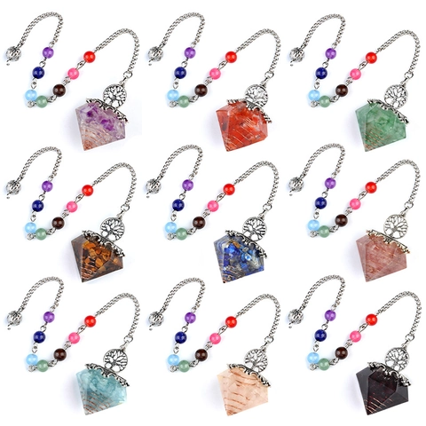 Natural Crystal Semi-Precious Stone Resin Diamond Pendulum Pendant Necklace With Seven Chakra Beads Chain And Tree Of Life Ornament Spiritual Healing Meditation Jewelry