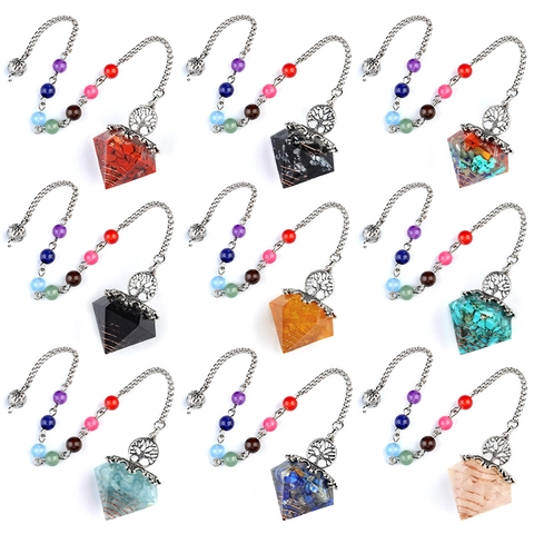 Natural Crystal Semi-Precious Stone Resin Diamond Pendulum Pendant Necklace With Seven Chakra Beads Chain And Tree Of Life Ornament Spiritual Healing Meditation Jewelry