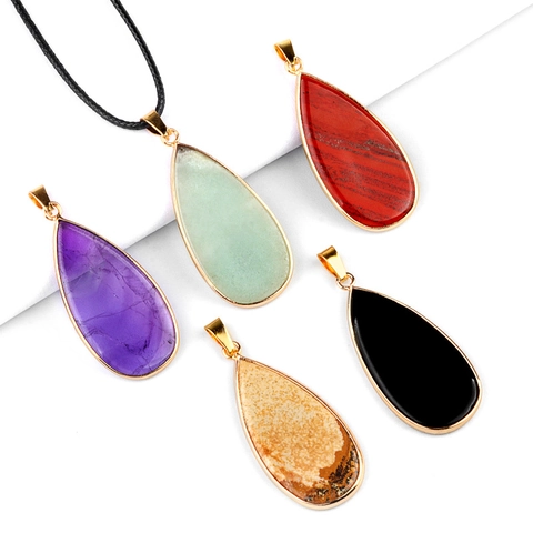 Natural Semi-Precious Stone Teardrop Pendant Necklace For Women Gold Plated Alloy Rim Polished Crystal Agate Fashion Jewelry Gift