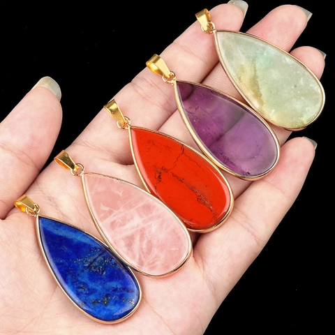 Natural Semi-Precious Stone Teardrop Pendant Necklace For Women Gold Plated Alloy Rim Polished Crystal Agate Fashion Jewelry Gift