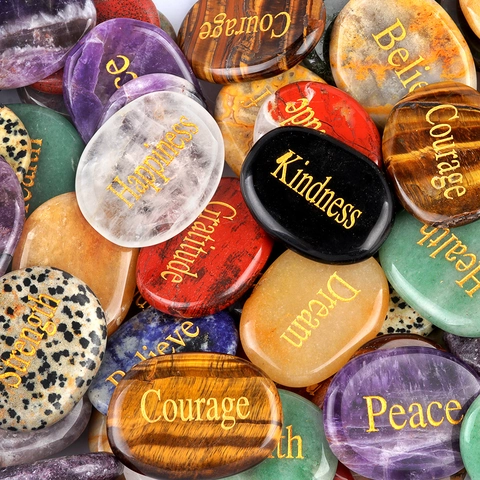 Natural Crystal Agate Engraved Palm Stone Healing Energy Stone With Golden Inspirational Words Amethyst Rose Quartz Meditation Decor