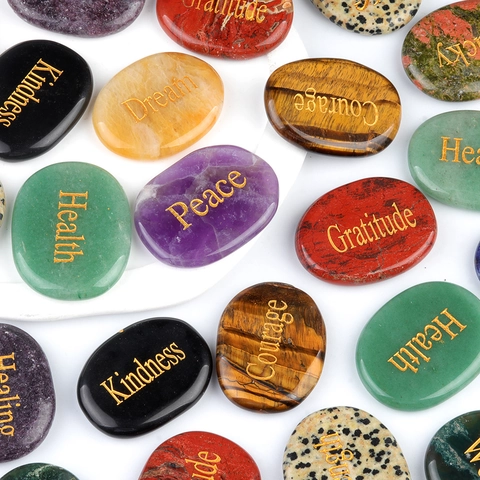 Natural Crystal Agate Engraved Palm Stone Healing Energy Stone With Golden Inspirational Words Amethyst Rose Quartz Meditation Decor