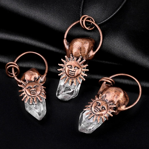 Retro Bohemian White Crystal Pillar Pendant Necklace With Sun Face Copper Alloy Cap Natural Raw Stone Jewelry DIY Accessory