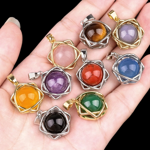 Hexagram Pendant Necklace Natural Stone Amethyst Agate Crystal Beads Geometric Star David Alloy Cage Bohemian Jewelry Women Men