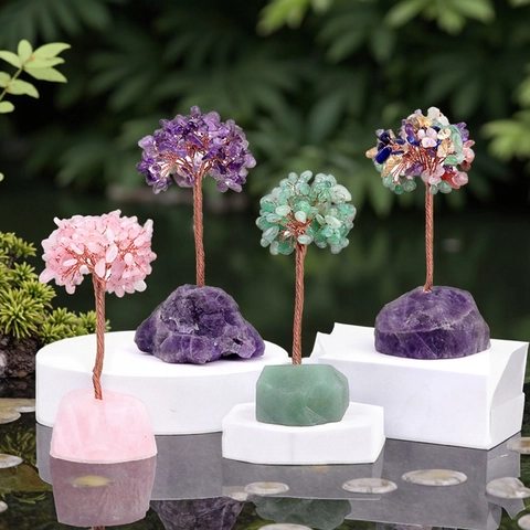 Natural Semi-Precious Stone Tree Of Life Ornament Copper Wire Wrapped Crystal Money Tree Raw Stone Base Feng Shui Home Decor
