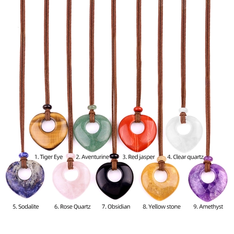 Collier Pendentif Cœur en Pierre Naturelle Améthyste Quartz Rose Œil de Tigre Cristal de Guérison Vintage Ethnique Bijoux Femme Chaîne Pull