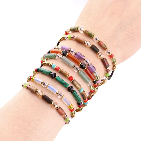 Bohemian Semi-Precious Stone Cylinder Bead Braided Bracelet With Alloy Bell Charm Ethnic Retro Handmade Bracelet Women Jewelry