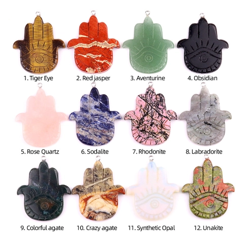 Pendente in Pietra Naturale Mano Di Fatima Con Malocchio Ornamento Da Appendere Per Auto Cristallo Curativo Occhio Di Tigre Ametista
