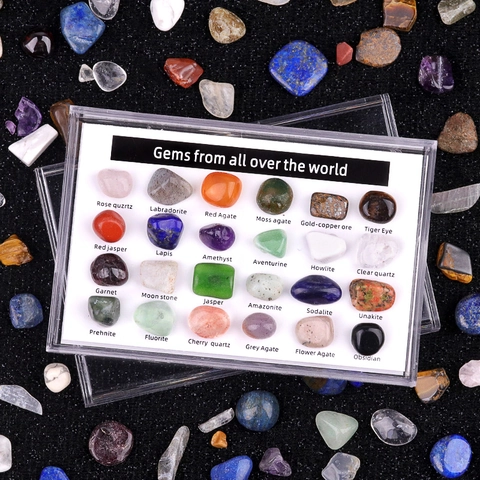 Kit di Campioni Minerali Naturali 24 Varietà Pietre Grezze Lucidate Scatola di Collezione di Gemme Per Bambini Istruzione Scientifica Regalo