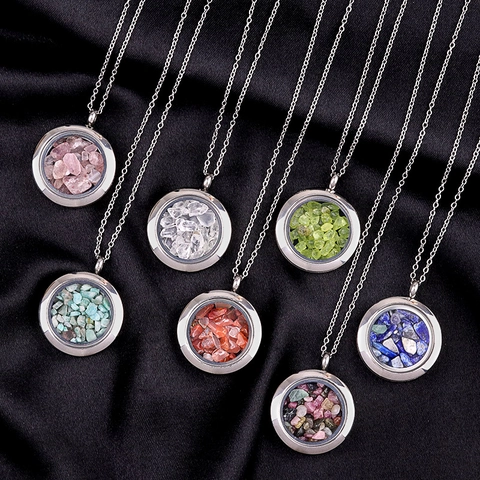Stainless Steel Floating Locket Necklace Natural Crystal Chips Round Glass Pendant Locket For Women Bohemian Jewelry Gift